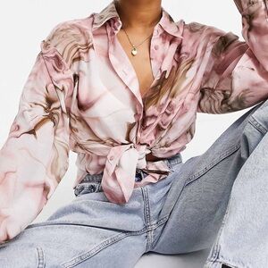 ASOS Pink and White Relaxed Tie Front Button Down Shirt